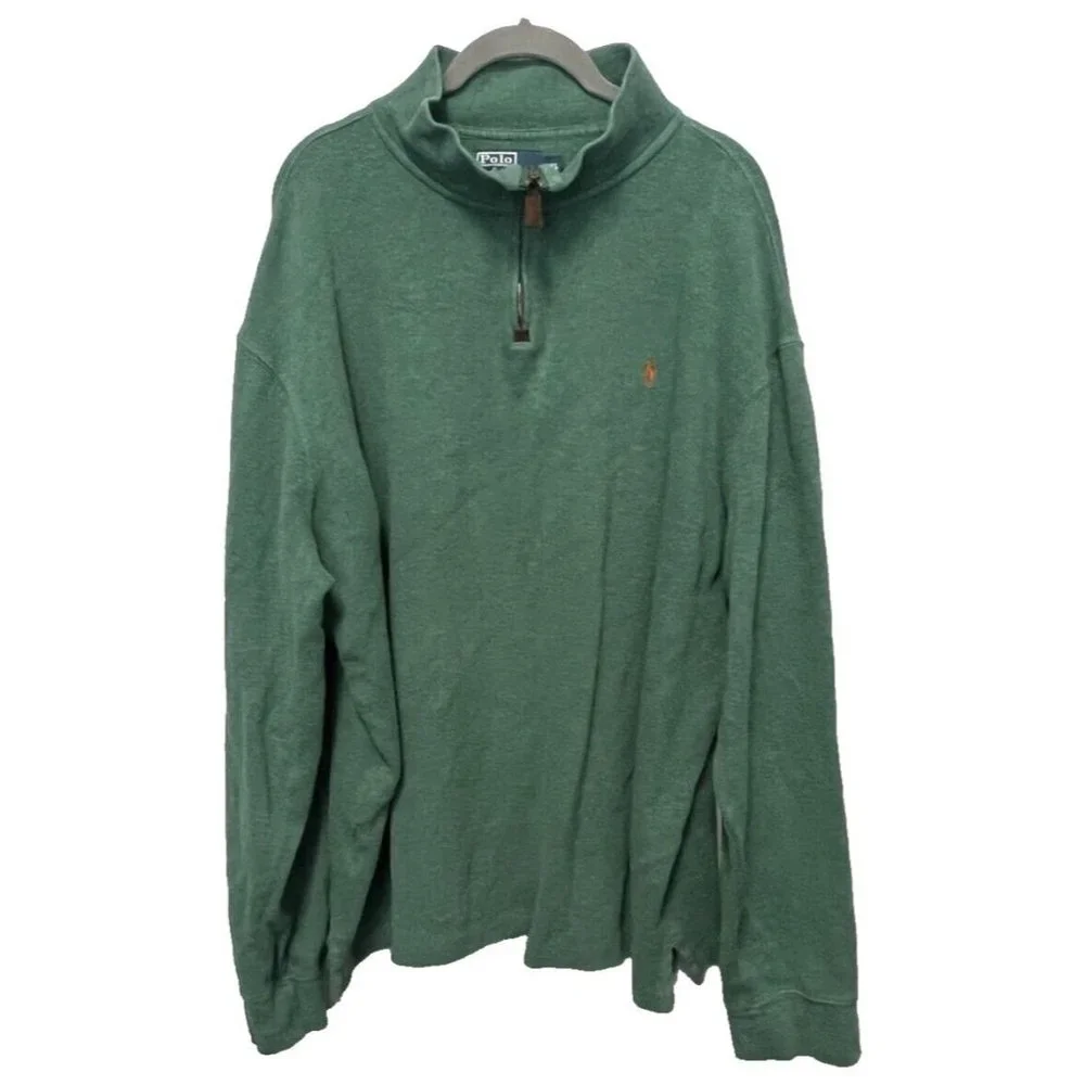 Polo Ralph Lauren Mens Fleece Sweater 2XL Green Solid 1/4 Zip Pony Logo